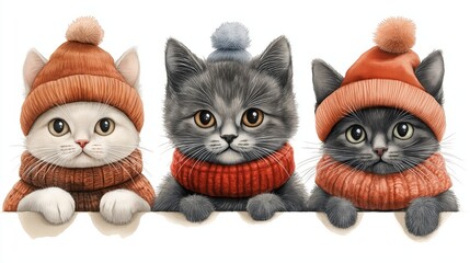 Fototapeta premium Three cats wearing hats and scarves are posing for a picture. The cats are wearing different colored hats and scarves, and they are all looking at the camera. The image has a warm and cozy feeling