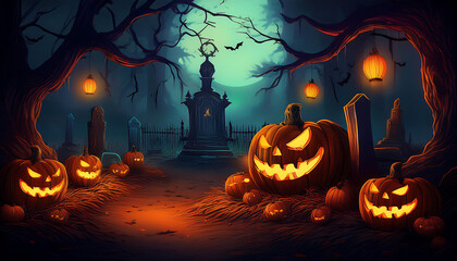  Spooky Halloween night featuring glowing jack-o'-lanterns and an eerie graveyard. _1(813)