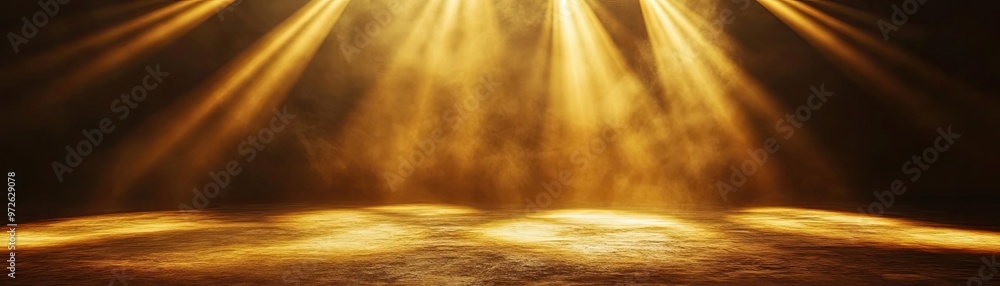 Poster a stunning display of golden light beams creating a dramatic atmosphere with a soft glow, ideal for 