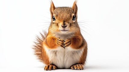 Fototapeta premium A small squirrel is sitting on a white background. The squirrel has a cute and friendly expression on its face