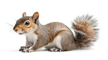 Obraz premium A squirrel is sitting on the ground with its head down. The squirrel has a white belly and a brown tail