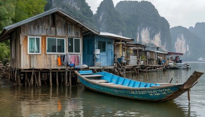 Traditional Thai Stilt Village in Picturesque Coastal Setting with Boats and Lush Mountains