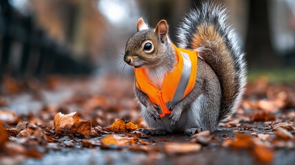 Fototapeta premium A squirrel wearing an orange vest is standing on a leaf covered ground. The orange vest makes the squirrel stand out against the autumn leaves