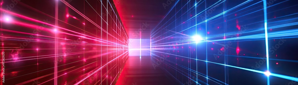 Poster A dynamic display of red and blue light beams creating a futuristic tunnel effect in a digital space environment.