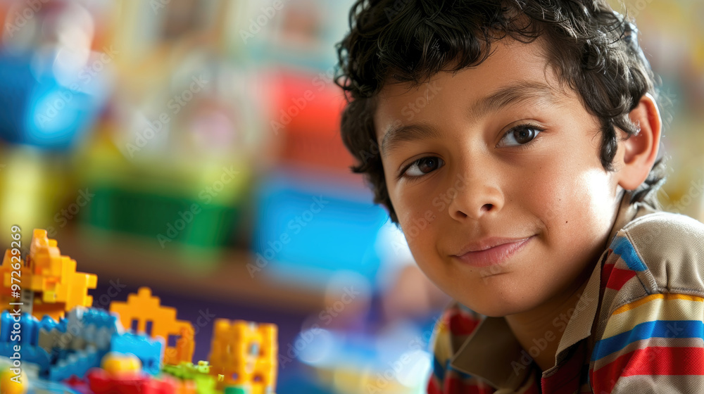 Poster a cheerful boy focuses on constructing a vibrant block structure in an engaging classroom environmen