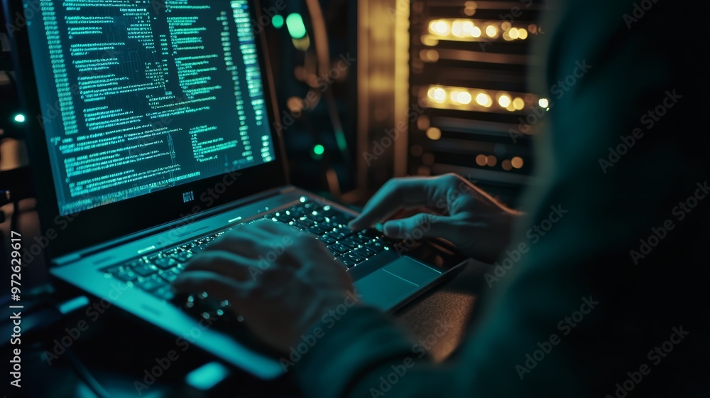 Leinwandbilder Blurry motion hands typing on a laptop with glowing code streams in a tech-focused environment. Fast-paced software coding