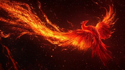 A fiery red phoenix soaring through the night sky, flames trailing behind it in a display of power and majesty, intricate feathers glowing