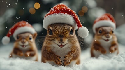 Three small squirrels wearing Santa hats are posing for a picture in the snow. The image has a festive and playful mood, as the squirrels are dressed up in holiday attire