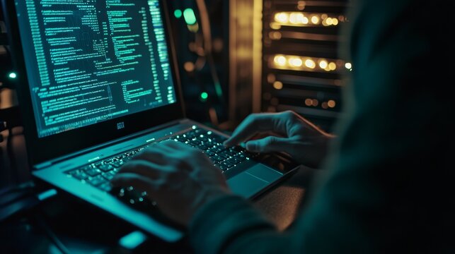 Blurry motion hands typing on a laptop with glowing code streams in a tech-focused environment. Fast-paced software coding