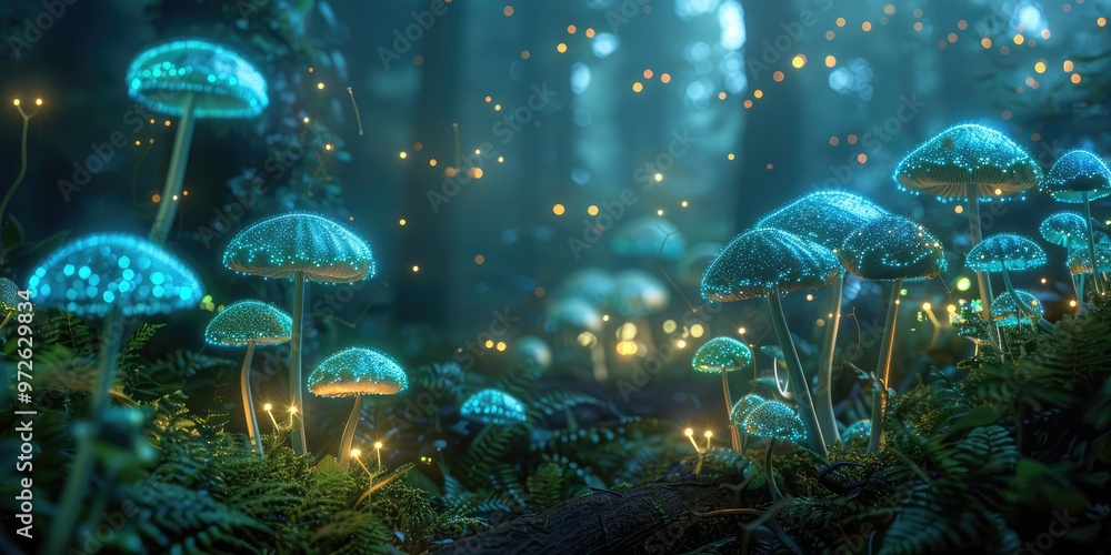 Poster enchanted glade illuminated by glowing mushrooms in a mystical forest at twilight, creating an ether