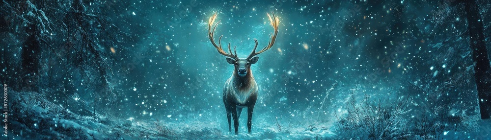 Poster a majestic deer standing in a snowy forest, illuminated by soft lights, creating a serene and magica