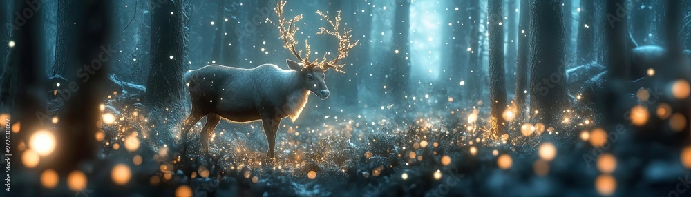 Poster a majestic deer stands in an ethereal forest, illuminated by soft lights, creating a magical and ser