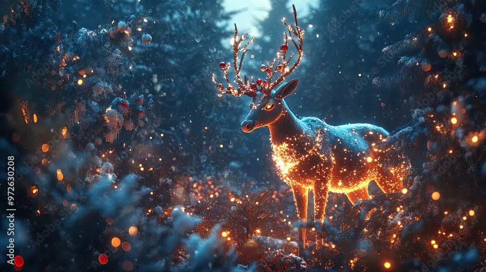 Poster a magical deer illuminated by glowing lights in a serene winter forest, creating a festive and encha