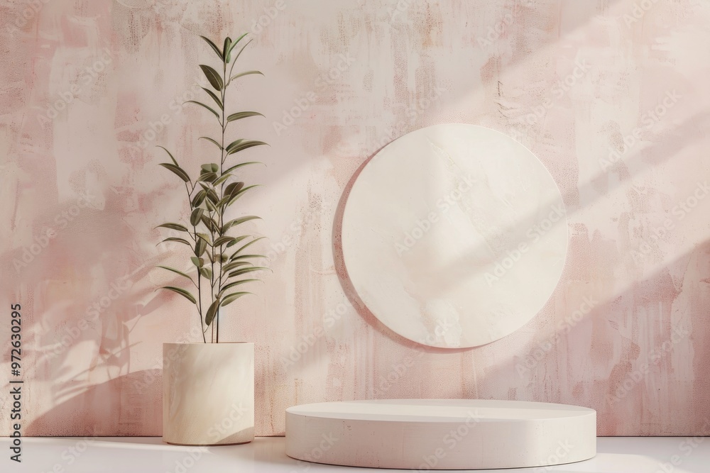Aufkleber round platform and dried branch in a vase with soft natural light from a window