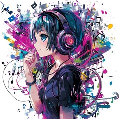 Anime Girl with Headphones and Colorful Music Notes