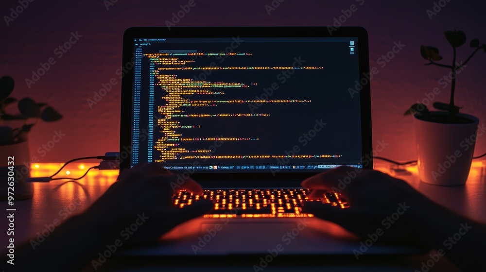 Aufkleber Coding at night with a glowing laptop keyboard and code on the screen. Ideal for software development and IT.