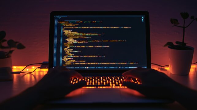 Coding at night with a glowing laptop keyboard and code on the screen. Ideal for software development and IT.