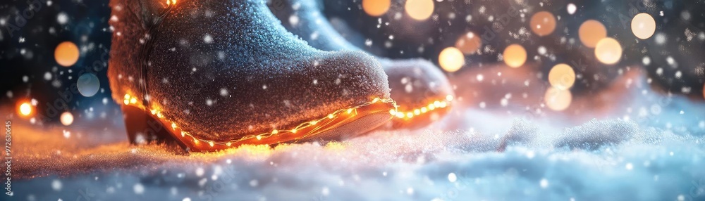 Poster A close-up of a boot in the snow, illuminated by soft lights, creating a cozy winter wonderland atmosphere.