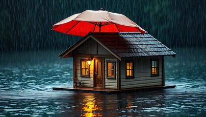 Fototapeta premium A small house with an umbrella roof in the rain, surrounded by water. Concept of home insurance and property protection, House Insurance Icon, banner, poster, illustration, created with generative ai