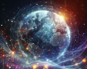 Earth with Network Connections | Global Digital Map | Connected World | Networked Planet | Digital Globe | High Resolution Large Image At 300 PPI