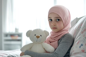 Contemplative child in hijab with teddy bear in bright hospital room