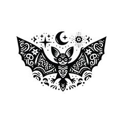 Fototapeta premium Bat in folk art black and white silhouette illustration