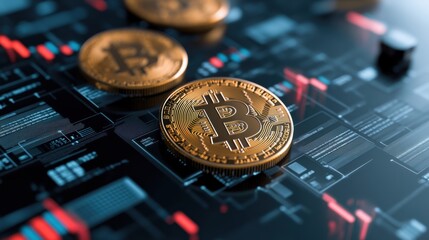 A close up of three gold coins sitting on top of a circuit board, AI