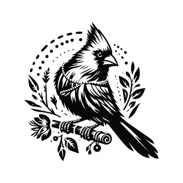 recommend clip art: Cardinal bird in bohemian black and white silhouette illustration