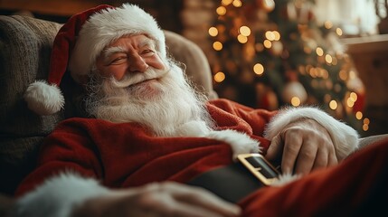 A smiling Santa Claus is sitting on a couch with his arms crossed. He is wearing a red suit and a white hat