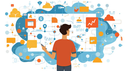 The individual engages with diverse digital elements and analytics, surrounded by vibrant icons symbolizing technology and communication