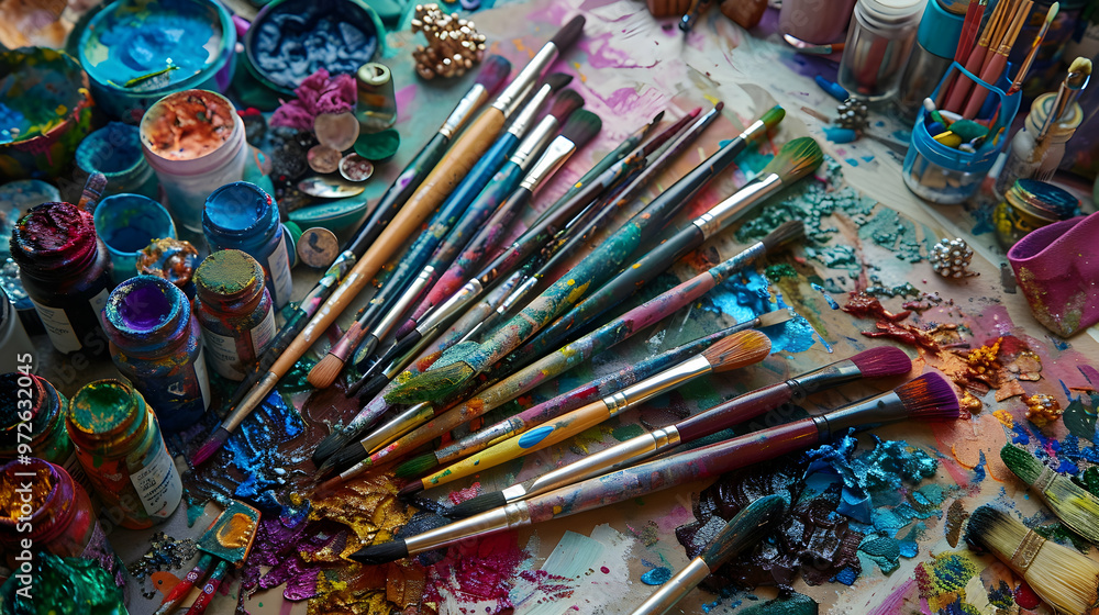 Poster the ecstatic dance of creation: a pile of colorful paints and brushes, surrounded by a whimsical col