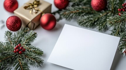 Christmas Greetings with Evergreen Branches and Red Ornaments on a White Background