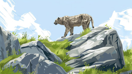 The spotted hyena explores rocky outcrops, showcasing its distinctive coat and keen awareness in a lush, natural habitat