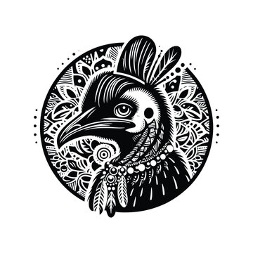 recommend clip art: Cassowary bird in bohemian black and white silhouette illustration