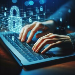 hands typing on laptop | Cybersecurity Concept | Online Data Protection | Safe Internet Browsing | High Resolution Large Image At 300 PPI