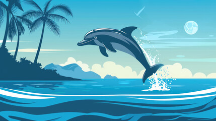 A dolphin jumps from the tranquil sea, silhouetted against a tropical landscape with palm trees and a serene twilight sky