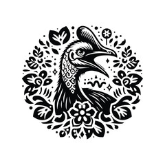 Fototapeta premium Cassowary bird in folk art black and white silhouette illustration