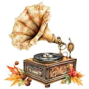 recommend clip art: Antique Gramophone with Autumn Leaves and Acorns