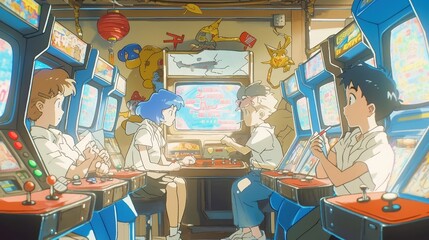 Retro Arcade Vibes, a lively scene of 90s teens immersed in video games, illuminated by vibrant neon lights and colorful pixel graphics, celebrating nostalgic youth culture
