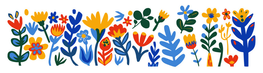 Flower abstract doodle set. Kid spring decorative, pattern floral, plant floral modern design. Shape Matisse, collage quirky element, flat leaf botanical. Vector naive texture, cartoon background