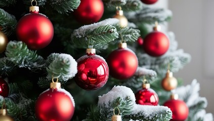 Christmas Tree with Red Ornaments and Snow | Festive Holiday Scene | Snowy Christmas Tree | Red and Green Christmas | Winter Wonderland with Christmas Tree | High Resolution Large Image At 300 PPI