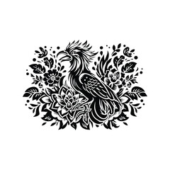 Obraz premium cendrawasih bird in folk art black and white silhouette illustration