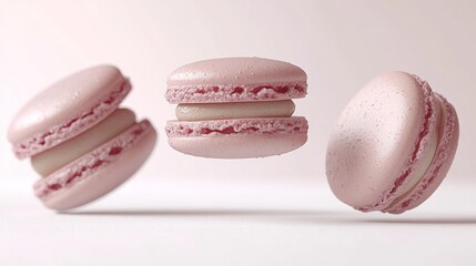 Suspended mid-air, these pink macarons tempt with creamy filling