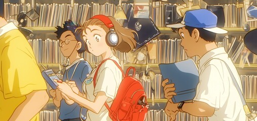 Nostalgic Bonds of Youthful Laughter, Animated 90s teens sharing joyful moments, vibrant colors, playful banter, evoking memories of carefree friendships and retro charm