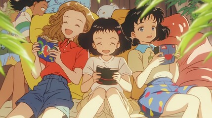 Nostalgic Bonds of Youthful Laughter, Animated 90s teens sharing joyful moments, vibrant colors, playful banter, evoking memories of carefree friendships and retro charm