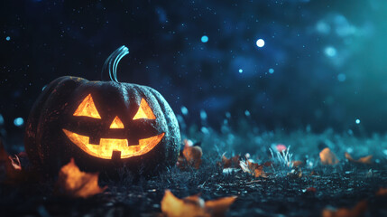 Naklejka premium A glowing jack o lantern sits on ground surrounded by autumn leaves, creating spooky yet festive atmosphere perfect for Halloween. night sky adds magical touch