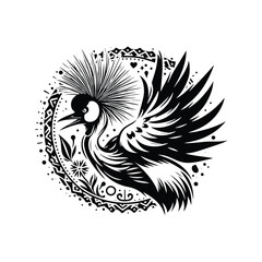 Obraz premium Crowned Crane bird in bohemian black and white silhouette illustration