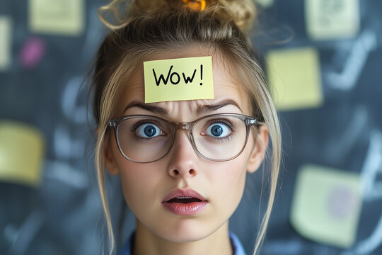 Surprised expression of a young woman with a sticky note on her forehead in a creative workspace