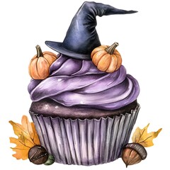 Halloween Witch Hat Cupcake with Pumpkins and Autumn Leaves