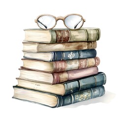 Watercolor Stack of Vintage Books with Glasses on Top